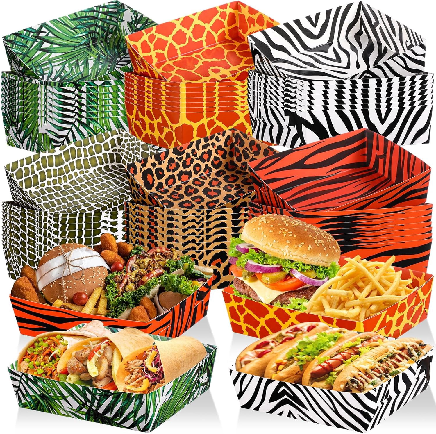 48 Pack Safari Animal Party Paper Food Trays 5 lb Zoo Large Nacho Boats ...