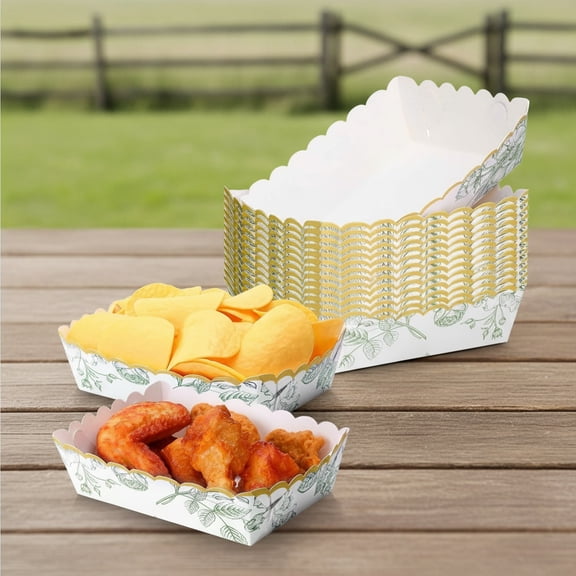 48 Pack Sage Green Floral Plates Paper Food Trays Scalloped Disposable Food Boat Nachos Snack Hot Dog Taco Serving Trays for Party Decoration Supplies