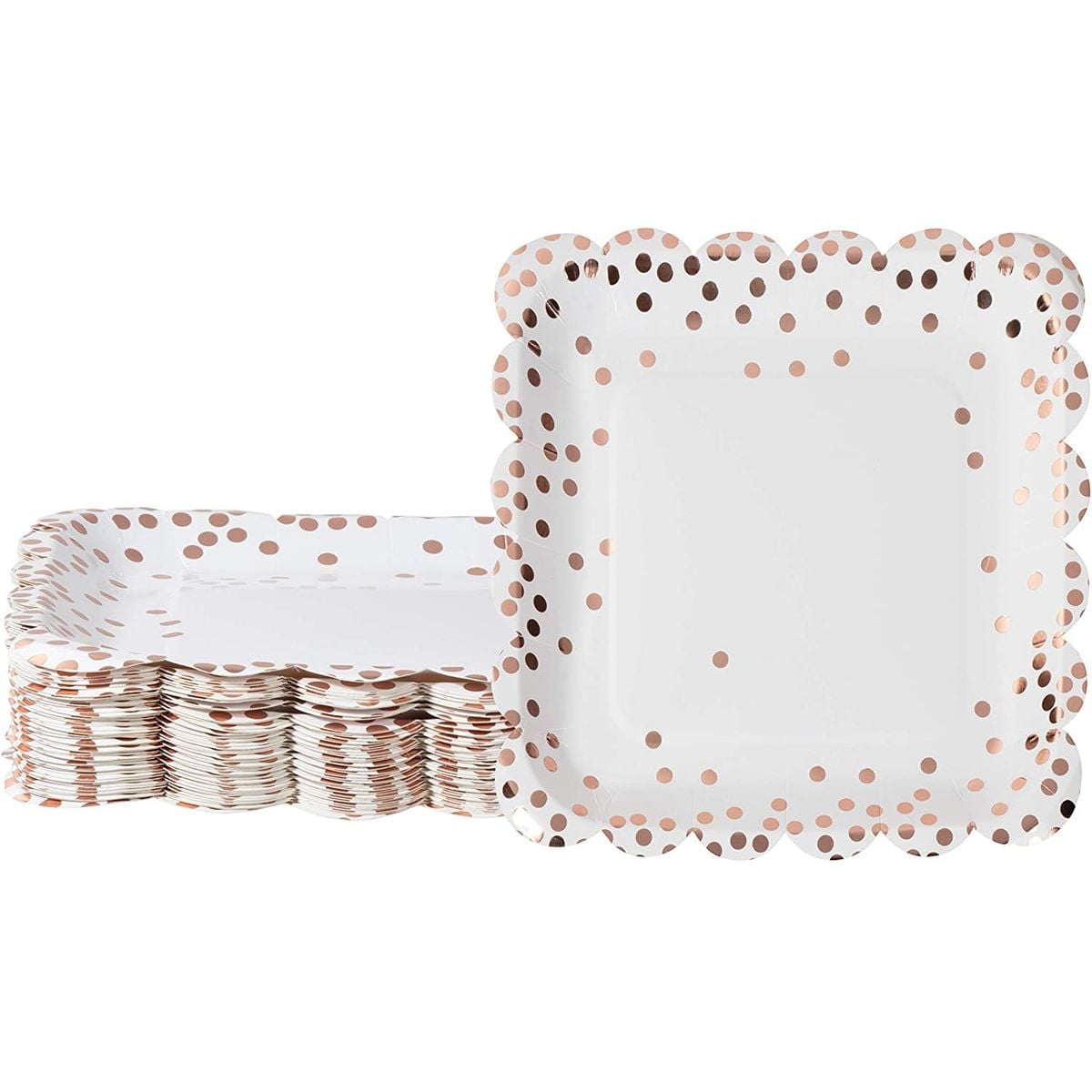 48 Pack Scalloped Rose Gold Paper Plates, Foil Polka Dots Square Plate for Wedding, Birthday Party Supplies Decorations, 9 in