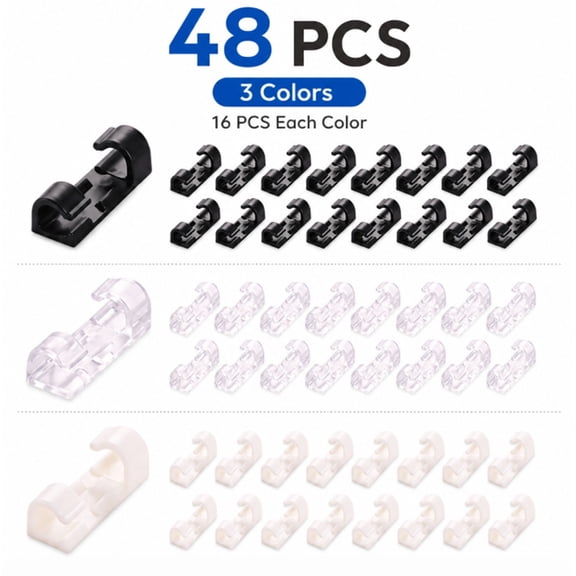 48 Pack Self Adhesive Cable Clips Set, Cord Organizer for TV, PC and Wire Management, TIKA