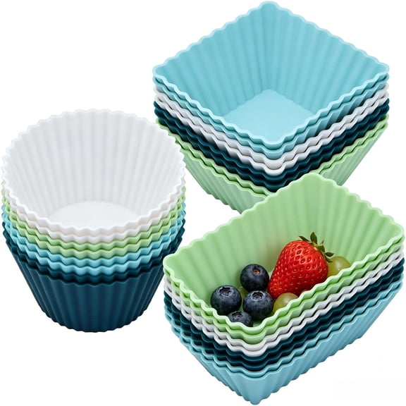 48 Pack Silicone Muffin Cups, Reusable Cupcake Liners Baking Molds in 3 Shapes (Round, Square, Rectangular), Grey Series, Regular Size for Lunch Box Bento Dividers