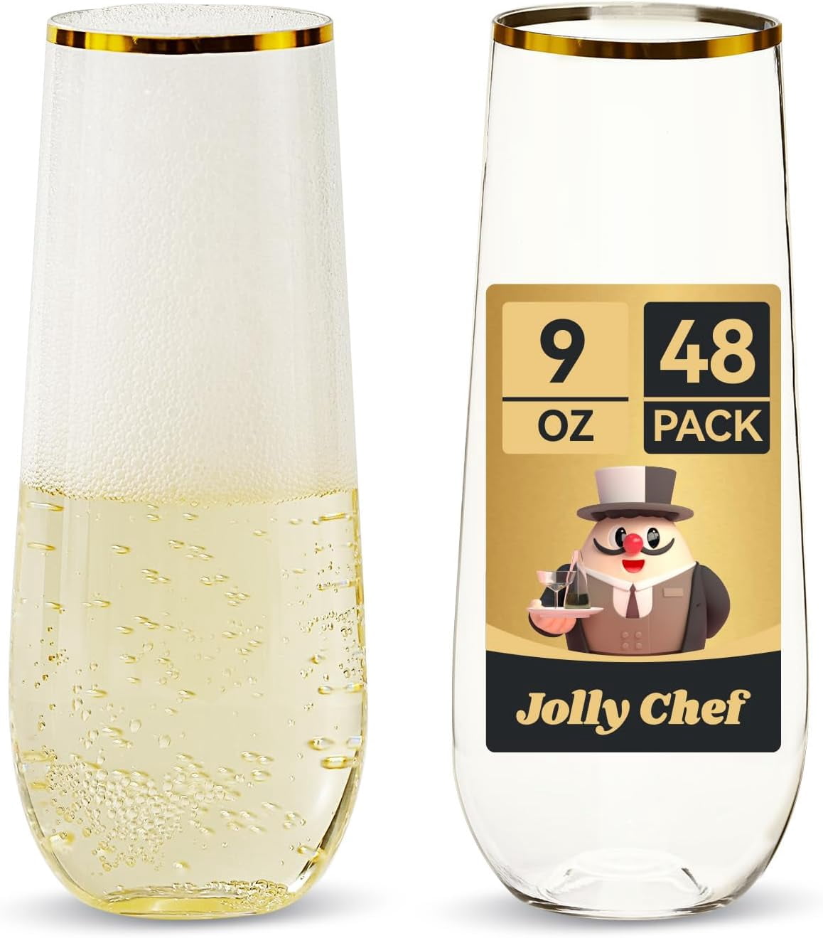 48 Pack Stemless Plastic Champagne Flutes 9 oz, Crystal Clear Stemless Plastic Toasting Glasses, Clear Disposable Unbreakable Drinkware Ideal for Wedding, Birthday, Party