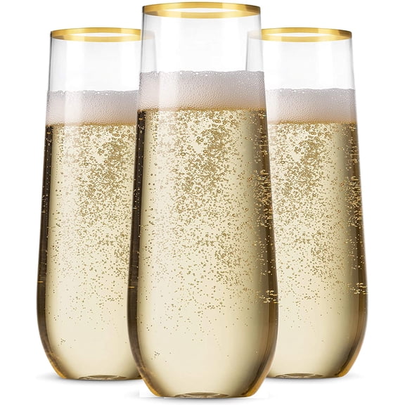 48 Pack Stemless Plastic Champagne Flutes Disposable 9 Oz Gold Rim Clear Plastic Toasting Glasses Shatterproof Recyclable and BPA-Free