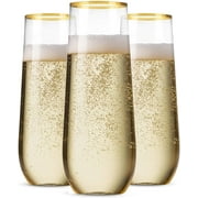 48 Pack Stemless Plastic Champagne Flutes Disposable 9 Oz Gold Rim Clear Plastic Toasting Glasses Shatterproof Recyclable and BPA-Free