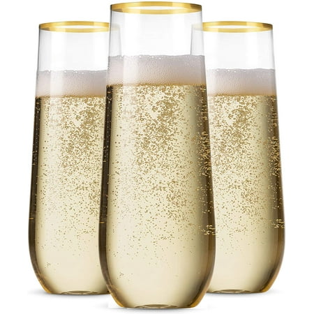 48 Pack Stemless Plastic Champagne Flutes Disposable 9 Oz Gold Rim Clear Plastic Toasting Glasses Shatterproof Recyclable and BPA-Free