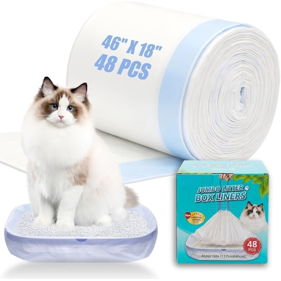 48 Pack Super Litter Bags - 3MIL Extra Thick Leakproof Litter Box Liners, 46"x18" Heavy Duty Drawstring Litter Liners, Odor Control Disposable Kitty Litter Bags 6 Roll