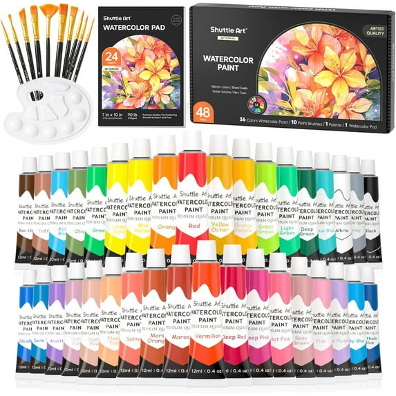 48 Pack Watercolor Paint Set, Shuttle Art 36 Colors Watercolor Paint in Tubes (12ml Each) with 10 Brushes, 1 Watercolor Pad, 1 Palette, Premium Watercolor Kit for Artist, Beginners