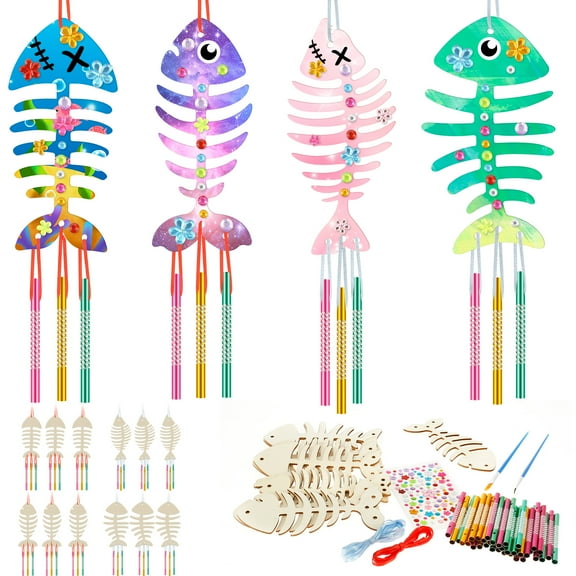 48 Pack Wind Chime Kit for Kids,Fish Wind Chime Kit Wooden Arts and Crafts for Girls Boys DIY Fish Bone Craft for Art Activity Birthday Party