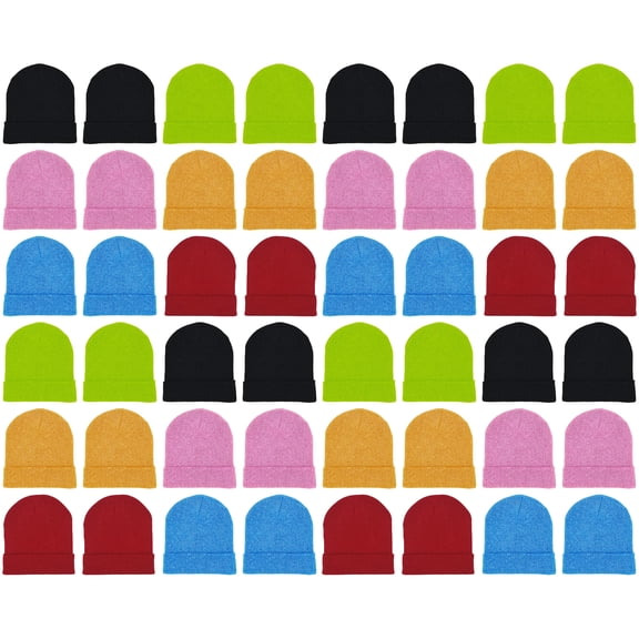 48 Pack Winter Beanies, Bulk Cold Weather Warm Knit Skull Caps, Mens Womens Unisex Hats (Assorted Neon)