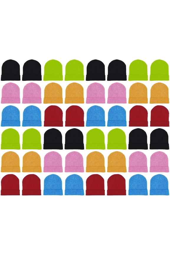 48 Pack Winter Beanies, Bulk Cold Weather Warm Knit Skull Caps, Mens Womens Unisex Hats (Assorted Neon)