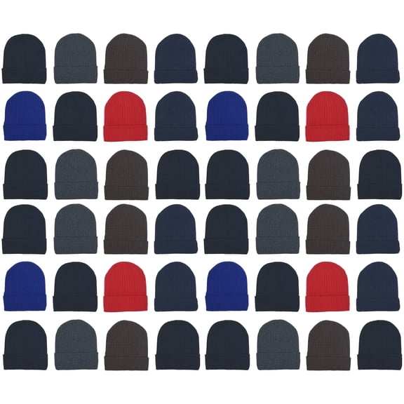 48 Pack Winter Beanies, Bulk Cold Weather Warm Knit Skull Caps, Mens Womens Unisex Hats (Assorted Ribbed)