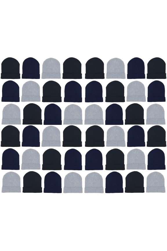 48 Pack Winter Beanies, Bulk Cold Weather Warm Knit Skull Caps, Mens Womens Unisex Hats (Black Navy Gray)