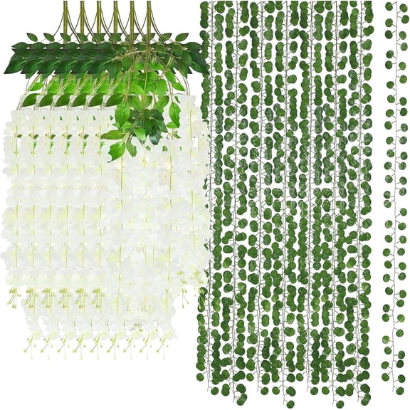 48 Pack Wisteria Hanging Flowers and Artificial Fake Ivy Vines Faux Silk Green Leaf Garlands String for Wedding Baby Shower Forest Home Office Wall Greenery Garden Jungle Party Decor