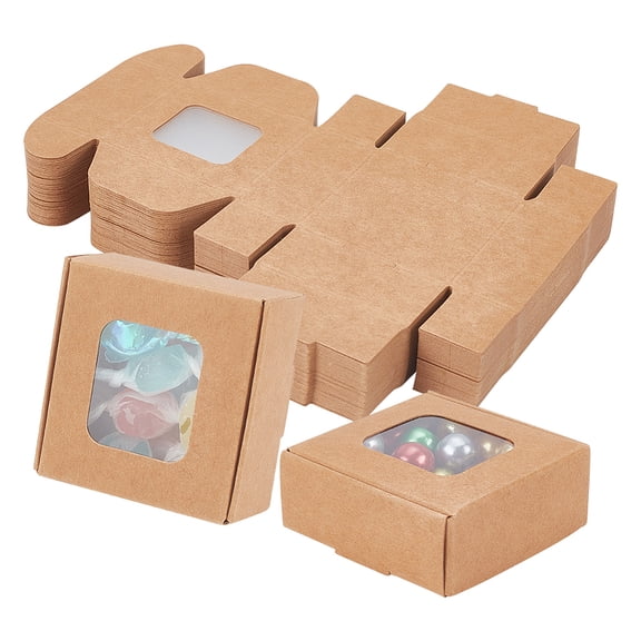 48 Packs 2.17x2.17x0.98 Inch Brown Kraft Paper Box with Clear Windows Foldable Paper Gift Box Goodies Candy Box Dessert Box for Party Bakery Packaging