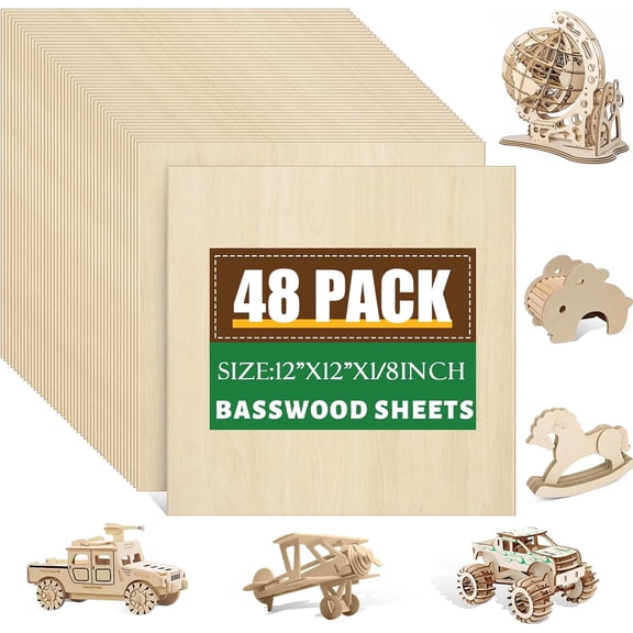 48 Packs of Basswood Sheets, 12x12x1/8 Inches Unfinished Wood Suitable for Crafts 3mm Basswood for Laser Cutting and Engraving, Wood Burning, Architectural Models, and Plywood Painting