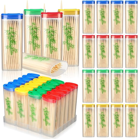 48 Packs Travel Toothpicks Dispenser Bamboo Wooden Toothpick with Reusable Holder, Travel Storage Containers Sturdy Finish Tooth Pick for Fruit, Teeth Cleaning, 2400pcs