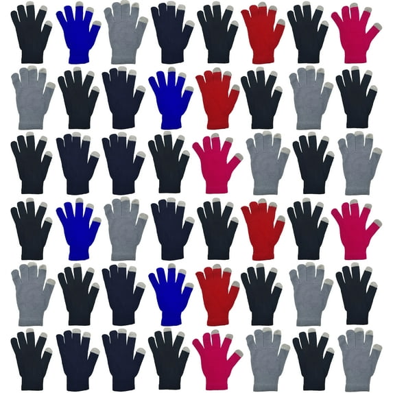 48 Pairs Winter Magic Gloves, Bulk Warm Brushed Interior, Stretchy Assorted Mens Womens (Assorted Touchscreen)