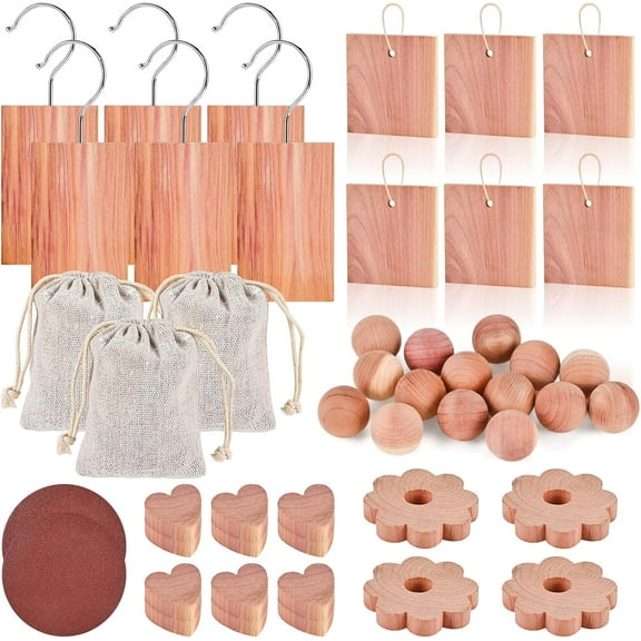 48-Pc Cedar Blocks for Clothes Storage: Blocks, Planks, Hooks, Rings, Balls, & Sachets for Closet, Drawer, Bookshelf & Shoe Protection - Natural Cedar Scent
