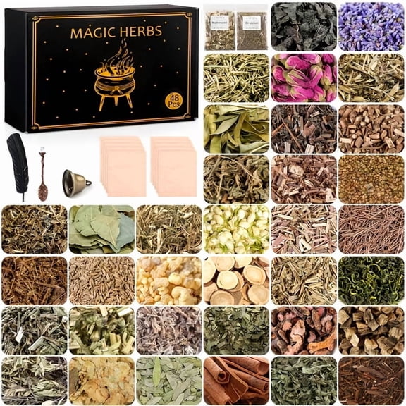 48-Pc Dried Herbs & Flowers Sachet Kit w/ Crystal Spoon, Feather for DIY Crafts, Home Fragrance, Rituals, Gifts