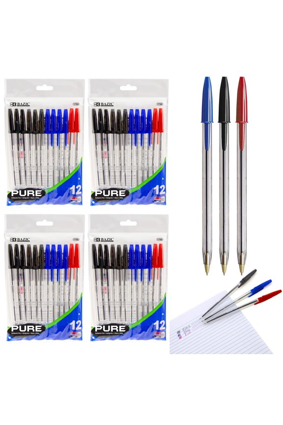 48 Pc Writing Ballpoint Pens Ball Point Pen Red Black Blue Ink Office Stationary