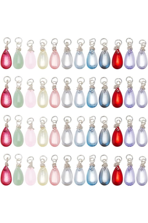 48 Pcs 12 Colors Birthstone Charms Teardrop Transparent Glass Charms Pendants Glass Charms with Iron Open Jump Rings for Necklace Earrings Bracelet Jewelry Making