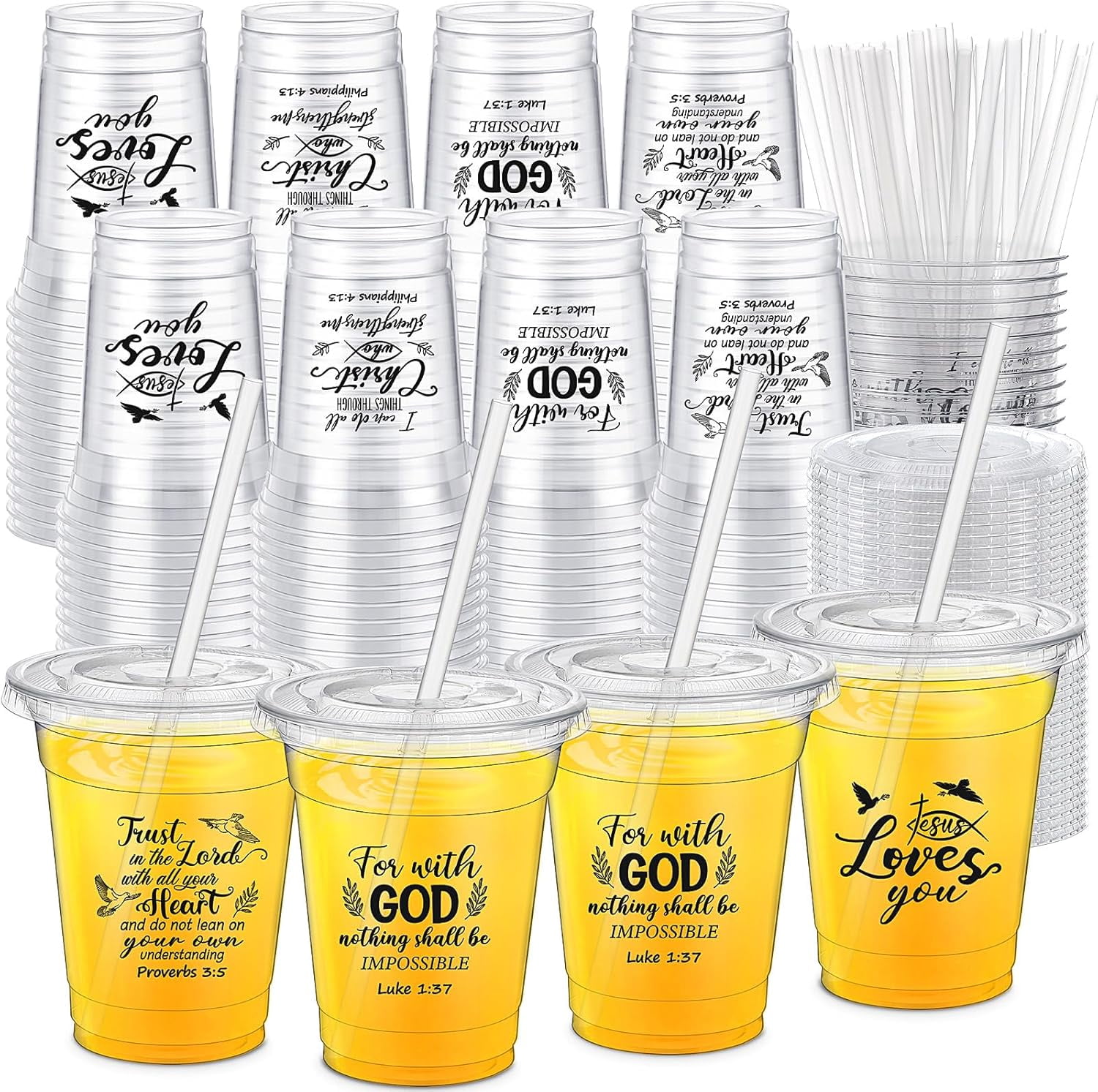 48 Pcs 12oz Inspirational Christian Gift Bible Verse Plastic Cups Bulk with Lids and Straws Religious Christian Disposable Cups for Church Party Favor Sunday School Church Baptism
