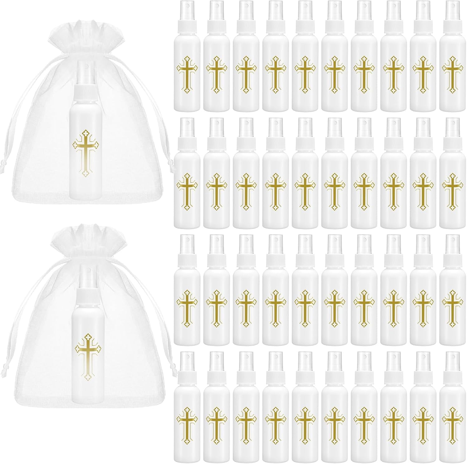 48 Pcs 2 oz Holy Water Spray Bottles Catholic Bulk Plastic Holy Water Empty Containers with Organza Bags for Church Events Wedding Baptism Party Favors