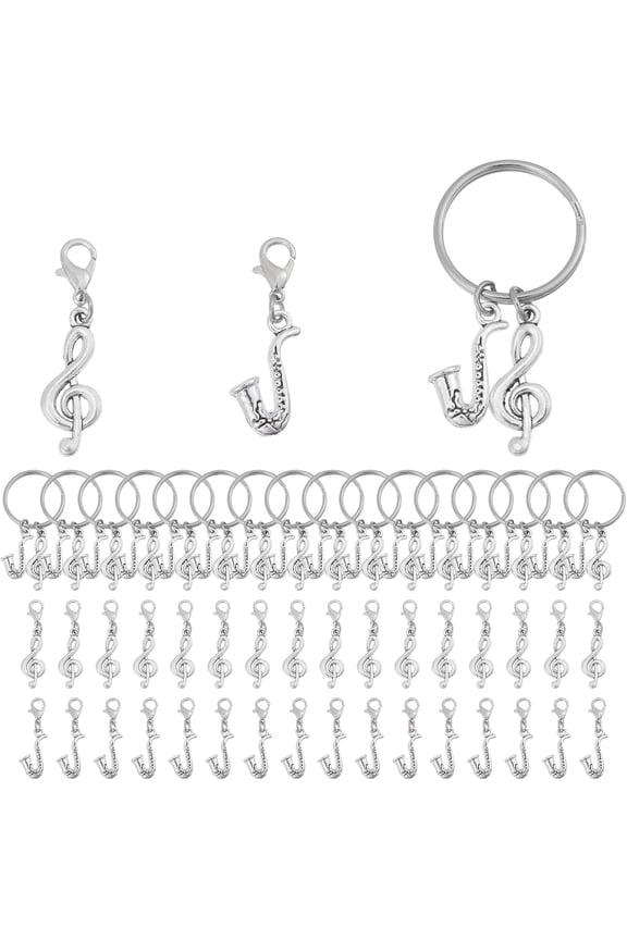 48 Pcs 3 Style Sax Music Note Charms with Lobster Claw Clasps and Rings Alloy Music Note Charm Pendant