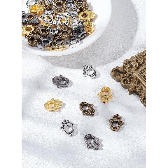 48 Pcs 4 Colors Tibetan Style Hamsa Hand Beads Frames Alloy Hand Loose Spacer Bead for Jewelry Making Necklace Bracelet DIY Craft Supplies