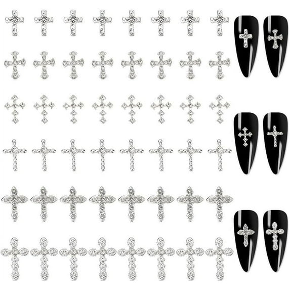 48 Pcs 6 Styles Rhinestone Nail Cabochon Punk Vintage Silver Small Nail Charms Nail Art Jewels Cabochon Decoration Accessories for DIY Nail Designs Supplies Silver