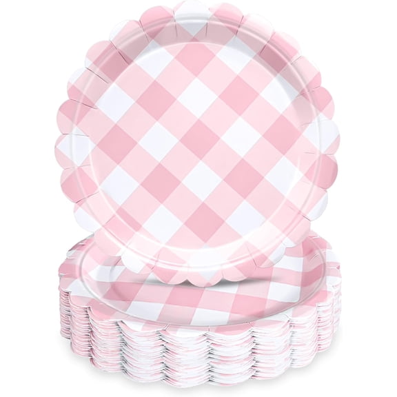 48 Pcs 7" Pink Gingham Paper Plates Light Pink & White Scalloped Checkered Party Plates, Pastel Plaid Dessert Table Supplies for BBQ Gathering Picnic Baby Shower Birthday Dinner Party Tableware
