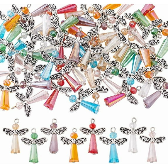 48 Pcs 8 Colors Glass Angel Pendants Alloy Angel Wing Dangle Charm Glass Teardrop-shaped Beads Faceted Dangle Charm for Earring Necklace Bracelet Jewelry Making
