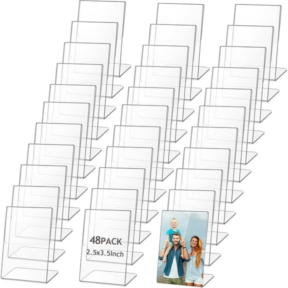 48 Pcs Acrylic Picture Frames, 2.5x3.5 Inch, Slant Back Acrylic Sign Holders, Plastic Menu Holders, Clear Frames for Wedding, Office, Restaurant, Store