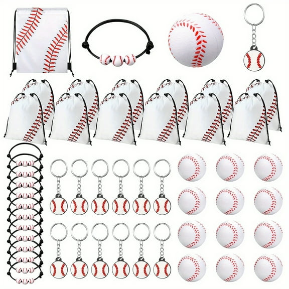 48 Pcs Baseball Party Favors 12 Sets Braided Bracelet Drawstring Treat Bag Mini Stress Ball Keychains for Baseball Birthday Party Supplies