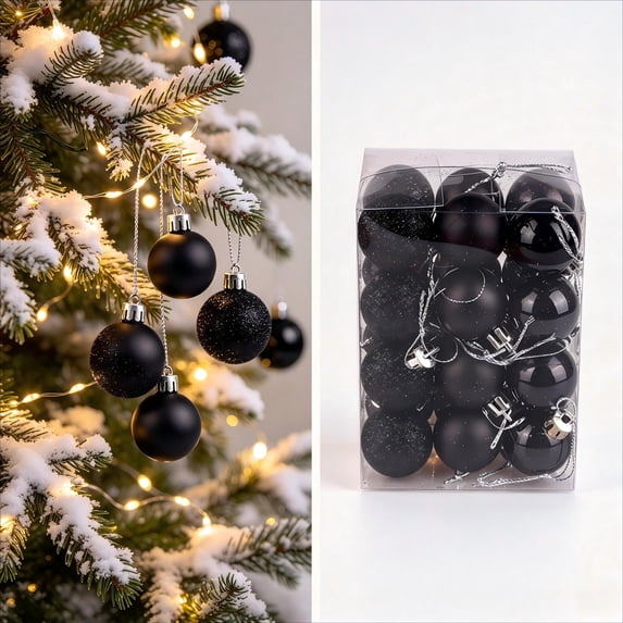 48 Pcs Black Christmas Ball Ornaments Shatterproof Mini Hanging Baubles 1.18 in Plastic Christmas Decorations with Shiny Glitter Finishes for Xmas Tree Wreath Holiday Home Party Decor