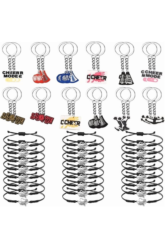 48 Pcs Cheerleader Gifts 24 Adjustable Cheer Bracelets 24 Cheer Keychain for Girls Boys Women Cheerleader Gift for Party Favors