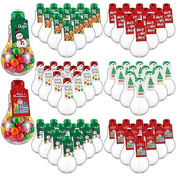 48 Pcs Christmas Fillable Light Bulb Ornaments, 3.4 oz 100 ml Clear Plastic Light Bulb Jars with Cards & String for DIY Crafts, Candy, Juice, Xmas Tree Decoration, Party Favors