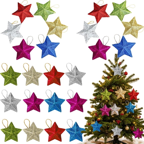 48 Pcs Christmas Tree Ornaments,Glitter Star Ornaments,Colorful Christmas Tree Decorations, Mini Christmas Hanging Star Pendant for New Year Party Xmas Tree Indoor Outdoor Decor Supplies