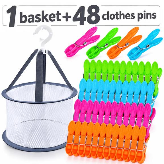 48 Pcs Colorful Plastic Clothes Pins with Clothespin Bag, Clothespins Basket Heavy Duty Laundry Clothes Pins Clips with Springs, Clothes Drying Line Pegs Towel Clips Picture Clips Food Clips