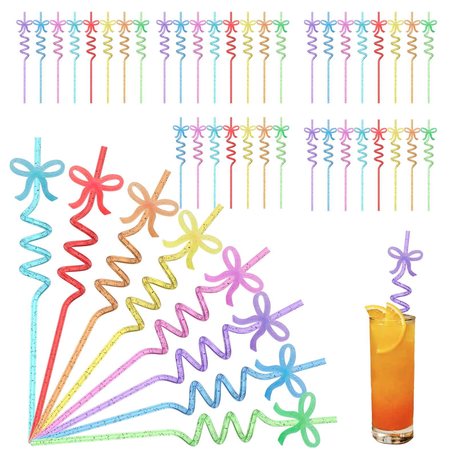 48 Pcs Colorful Straws Reusable Straws Thickened PET Spiral Detachable Bow for Parties