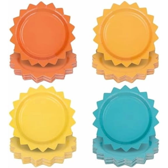 48 Pcs Here Comes The Son Party Plates Boho Sun Paper Disposable Plates 7 Inch Colored Sunshine Shape Tableware for First Trip Around the Sun Baby Shower 1st Birthday Summer Table Decor