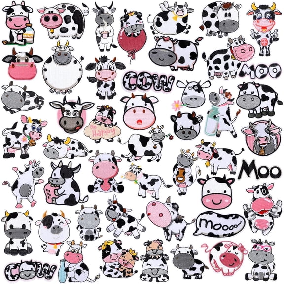 48 Pcs Cow Chenille Iron on Patches Bulk Embroidered Patches for Hats Clothes Cute Repair Kit Sew on Applique DIY Accessory for Backpack Pants Jeans
