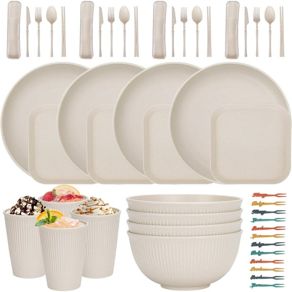 48 Pcs Dinnerware Sets, Unbreakable Plates and Bowls Sets, Reusable Dinnerware Sets for 4 People, Travel Camping Picnic Home Party Cutlery Set, Dishwasher Microwave Safe Dishes 48pcs Beige