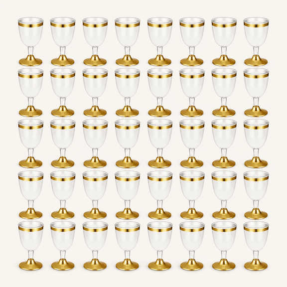 48 Pcs Disposable Plastic Wine Glasses 6 Oz with Stem, Gold Rim
