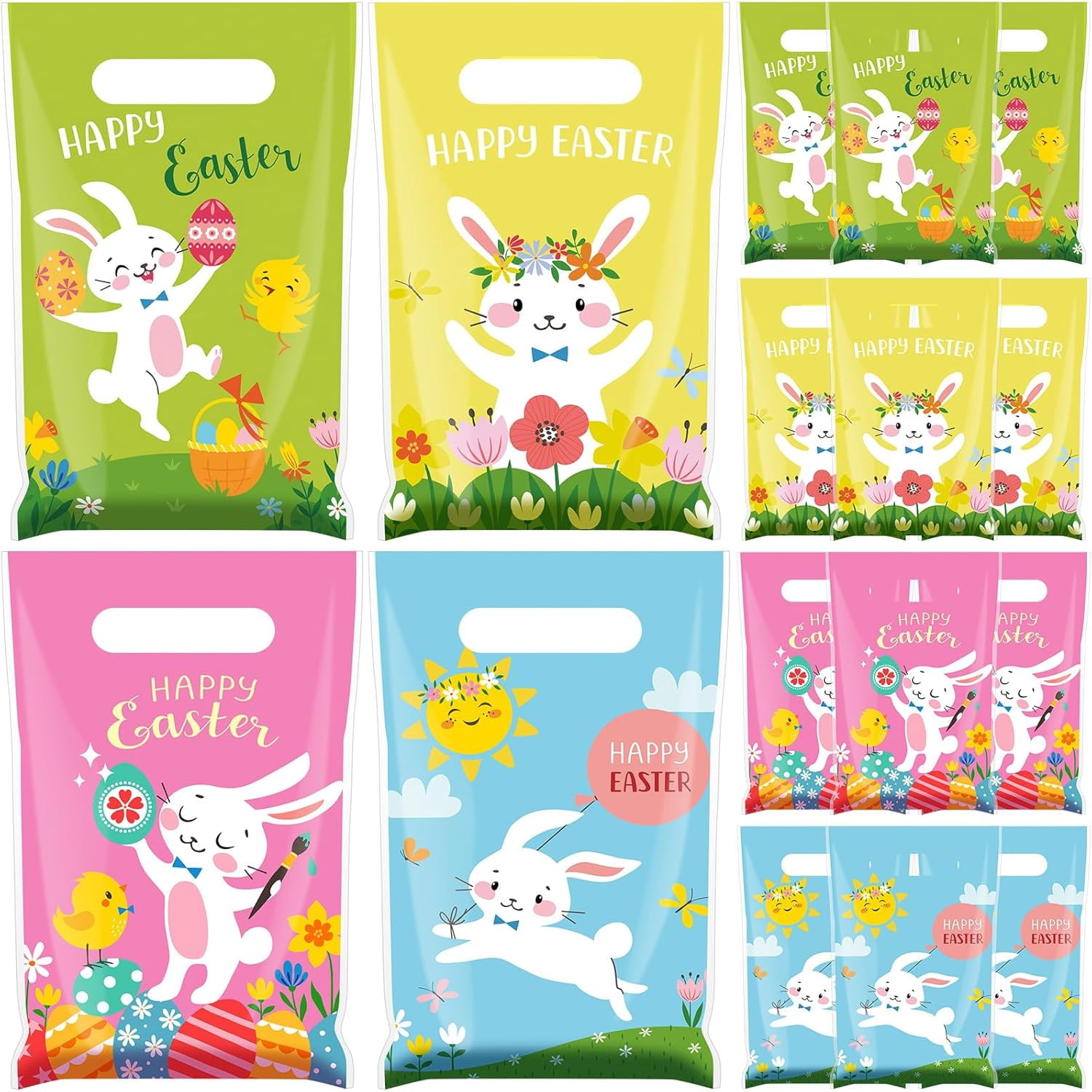 48 Pcs Easter Goodie Bags Plastic Treat Bag with Handle Egg Hunt Bunny ...