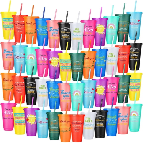 48 Pcs Employee Appreciation Thank You Tumbler Set 24 oz Reusable Cups with Lids and Straws, Multiple Colors, Christmas Theme