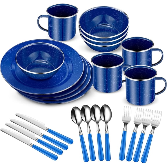 48 Pcs Enamel Camping Tableware Includes 12 oz Coffee Mugs 10.5 Inch Camping Plates 6 Inch Bowls and Utensils Set Includes Knife Fork Spoon for Outdoor RV