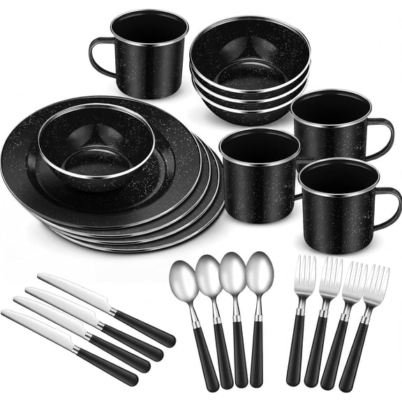 48 Pcs Enamel Camping Tableware Includes 12 oz Coffee Mugs 10.5 Inch Camping Plates 6 Inch Bowls and Utensils Set Includes Knife Fork Spoon for Outdoor RV