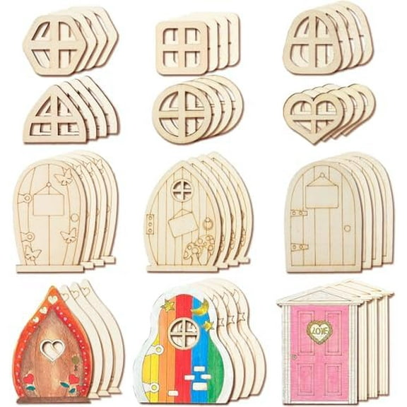 48 Pcs Fairy Door Window House Craft Kit - Wooden Garden Doors, Unpainted Miniature Accessories for Home Party Event Decor - DIY Fairy House Decorations (Classic)$$Garden & Patio