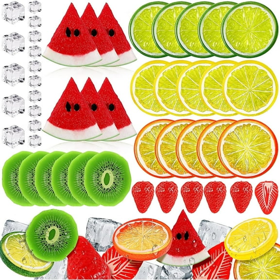 48 Pcs Fake Fruits Ice Cube Set,Mixed Fake Fruit Slices,Fake Simulation Lemon Slice,Watermelon Slices,Strawberries,Kiwi Slices,Clear Ice Cube for Party Kitchen Wedding Centerpiece Display Decor